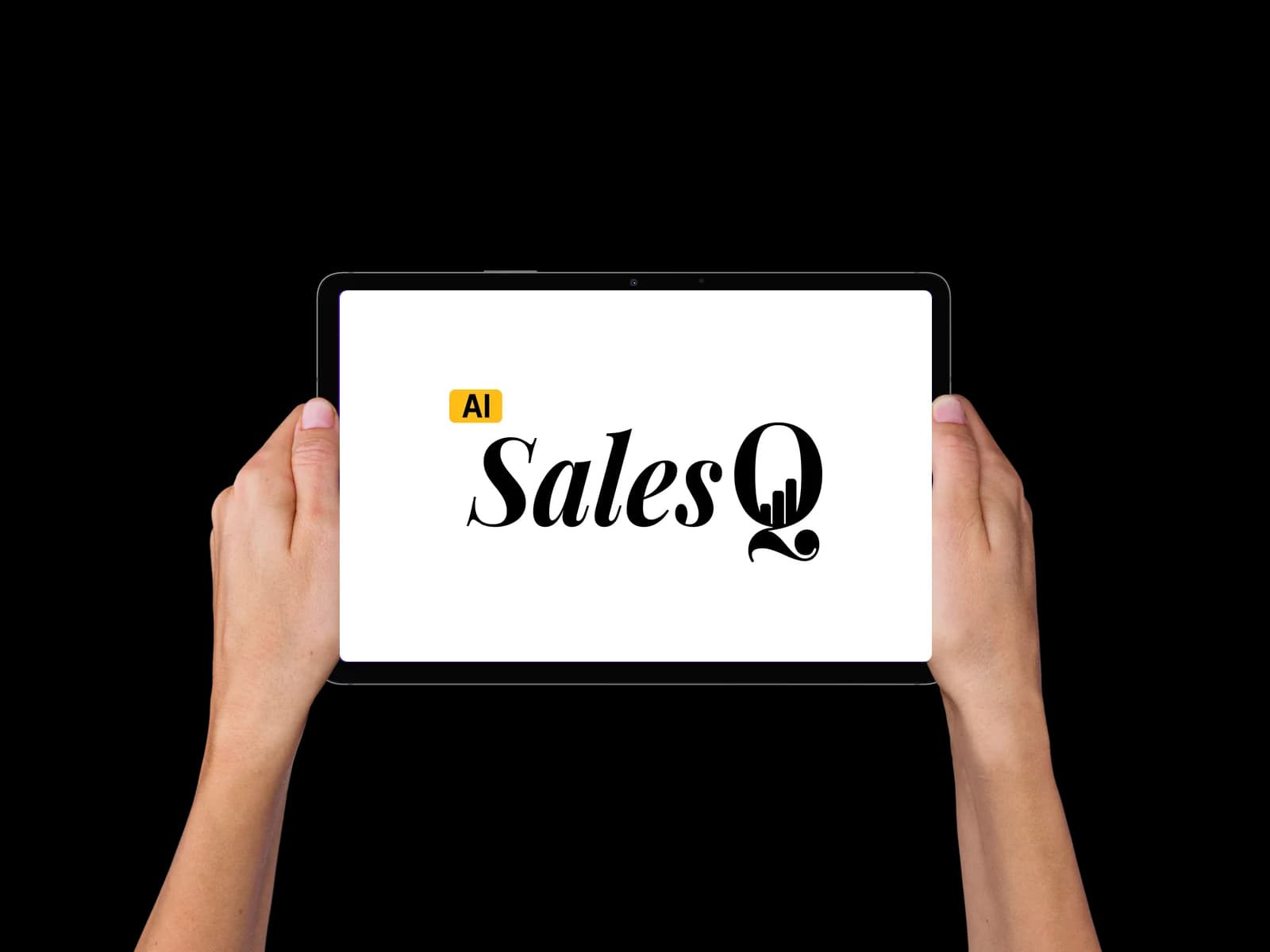 Two hands holding a tablet showing the AiSalesQ logo.