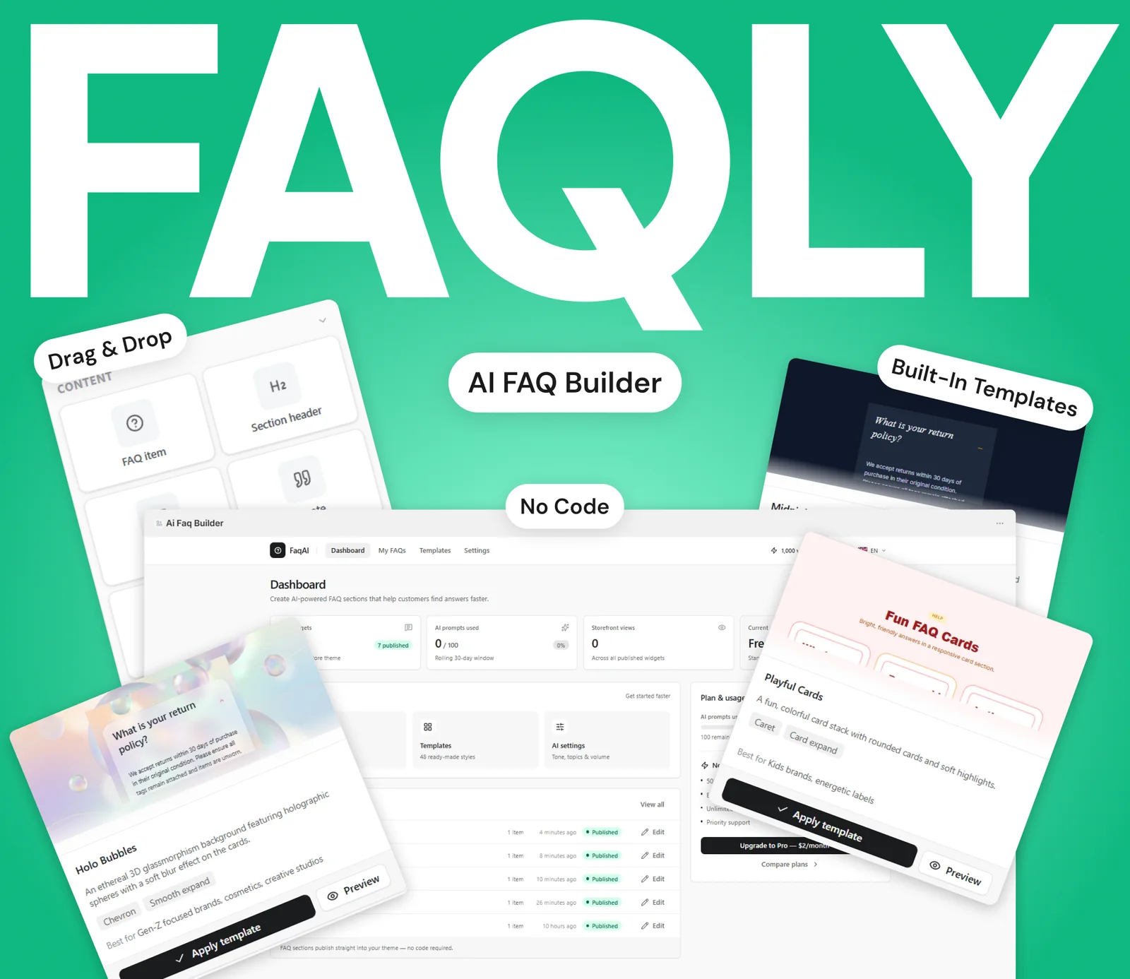 The Faqly cover: the FAQLY wordmark over the dashboard, the element library and two FAQ templates.