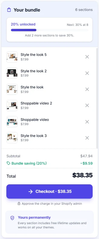 The Your bundle panel: 20% unlocked, next 30% at 8, a list of six sections at $7.99 each, the bundle saving, a $38.35 total and a Checkout button.