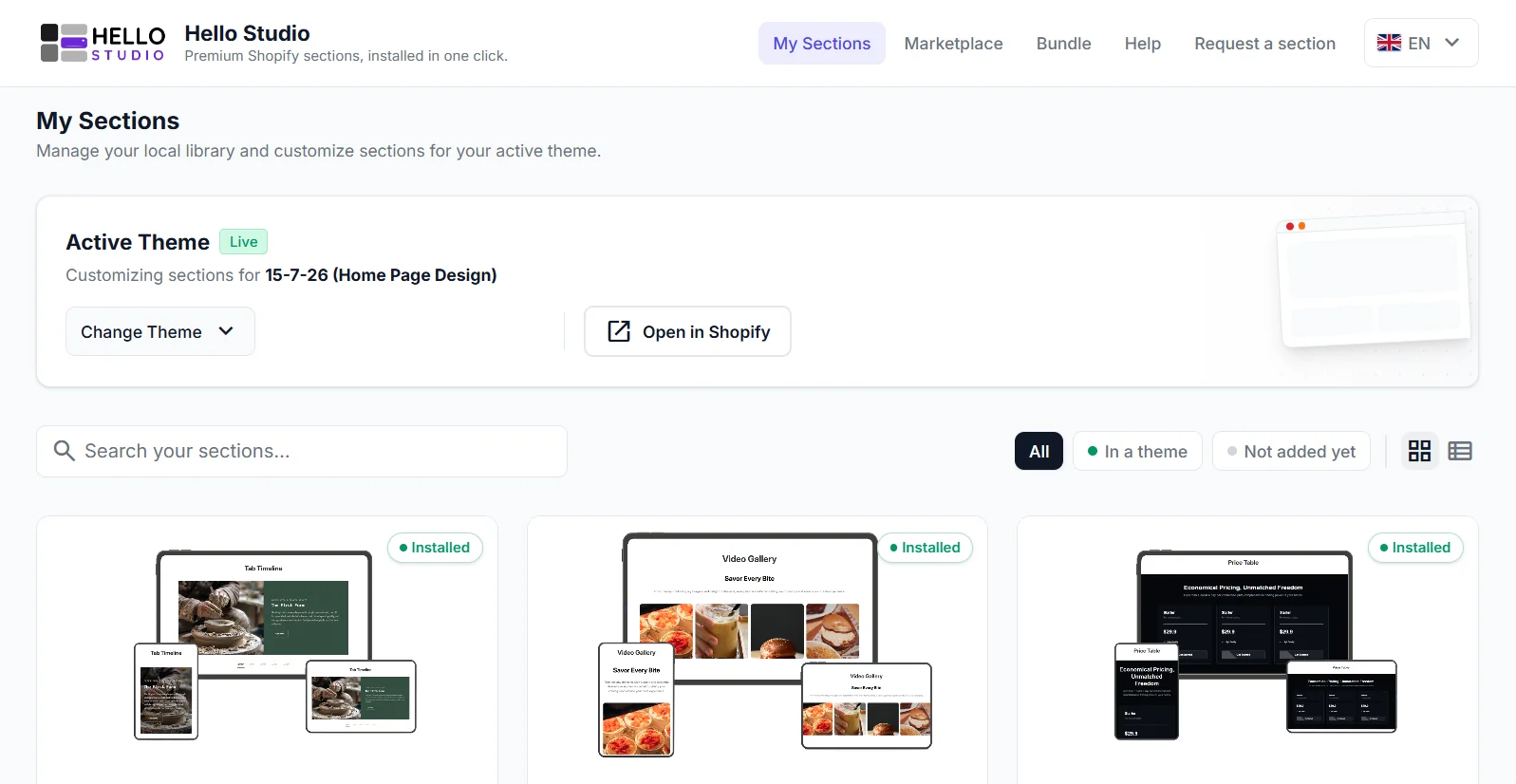 My Sections: the active theme marked Live with Change Theme and Open in Shopify, a search field with All, In a theme and Not added yet filters, and Tab Timeline, Video Gallery and Price Table cards marked Installed.