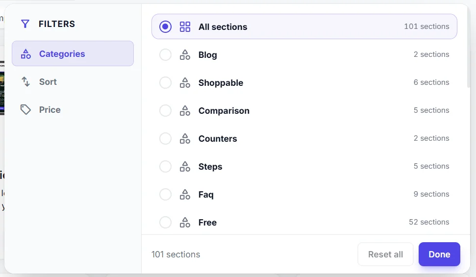 The Filters panel: Categories, Sort and Price on the left, and a list of categories with their section counts on the right.