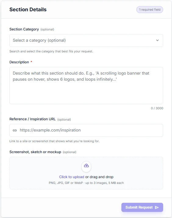 The Request a section form: an optional section category, a description, a reference or inspiration URL, a screenshot upload area, and Submit Request.