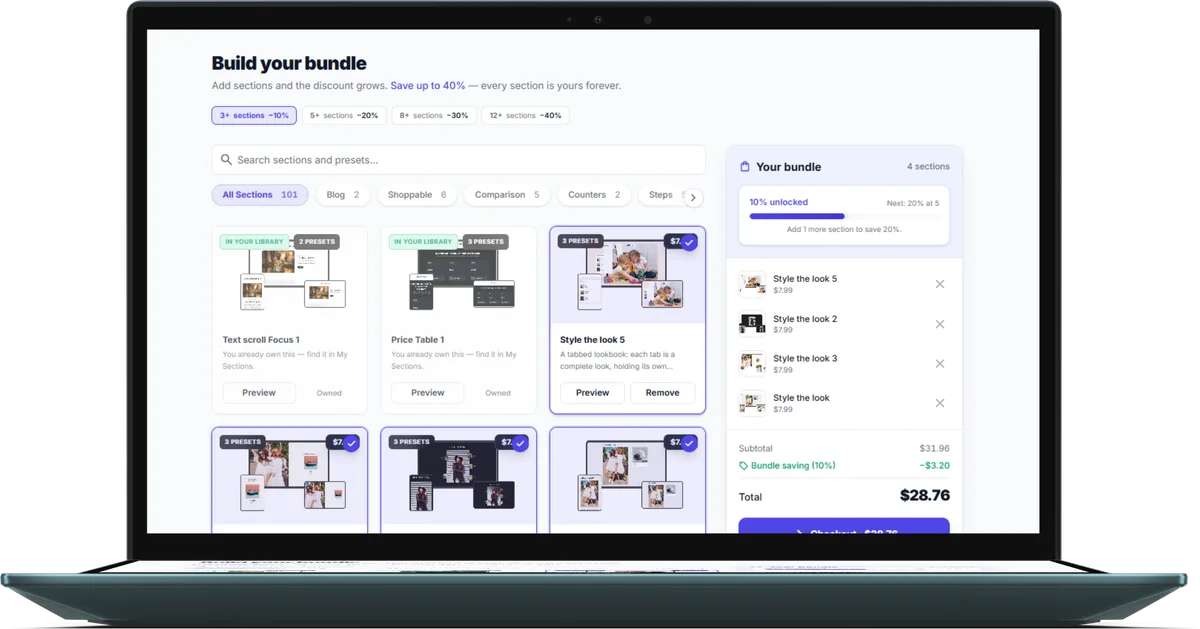 A laptop showing Build your bundle, with discount tiers and the bundle panel.