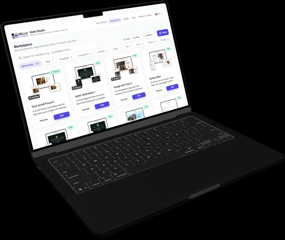 A laptop showing the Hello Studio Marketplace with section cards.