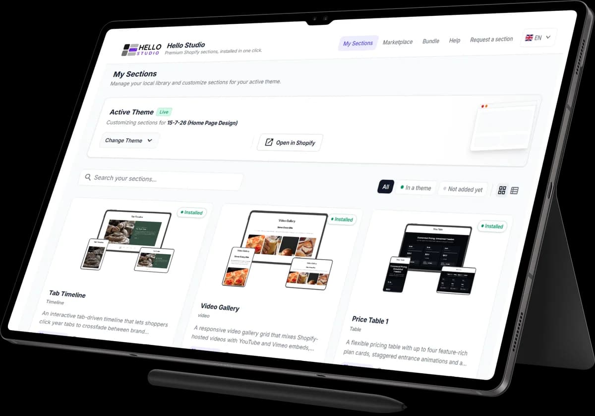A tablet showing Hello Studio's My Sections screen in the Shopify admin.