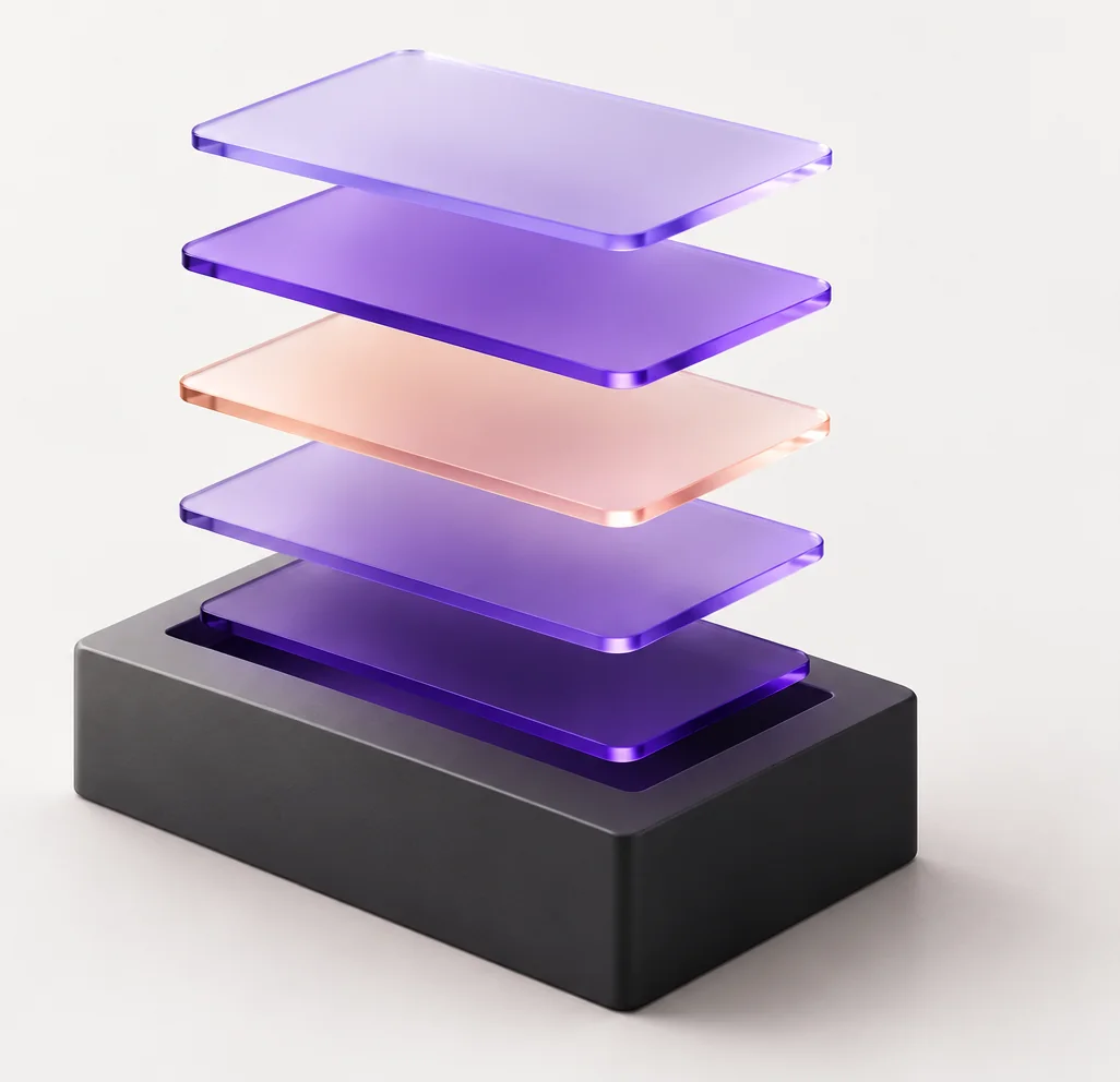 Illustration: translucent violet and peach layers, like page sections, settling into a dark block that stands for the store's theme.