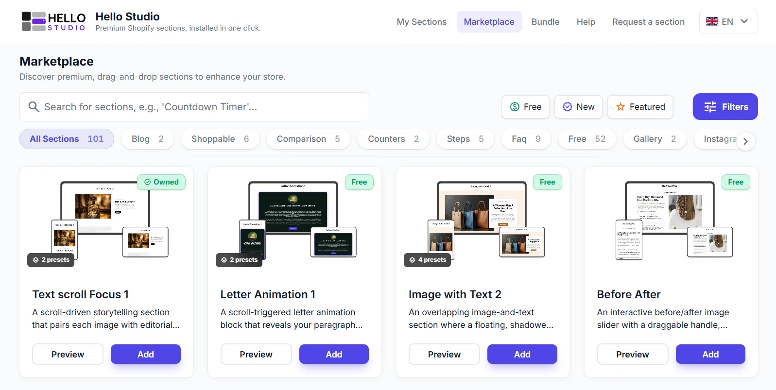 Hello Studio Marketplace in the Shopify admin: a search bar, Free, New, Featured and Filters buttons, category pills from Blog to Instagram, and four section cards — Text scroll Focus 1, Letter Animation 1, Image with Text 2 and Before After — each with Preview and Add.
