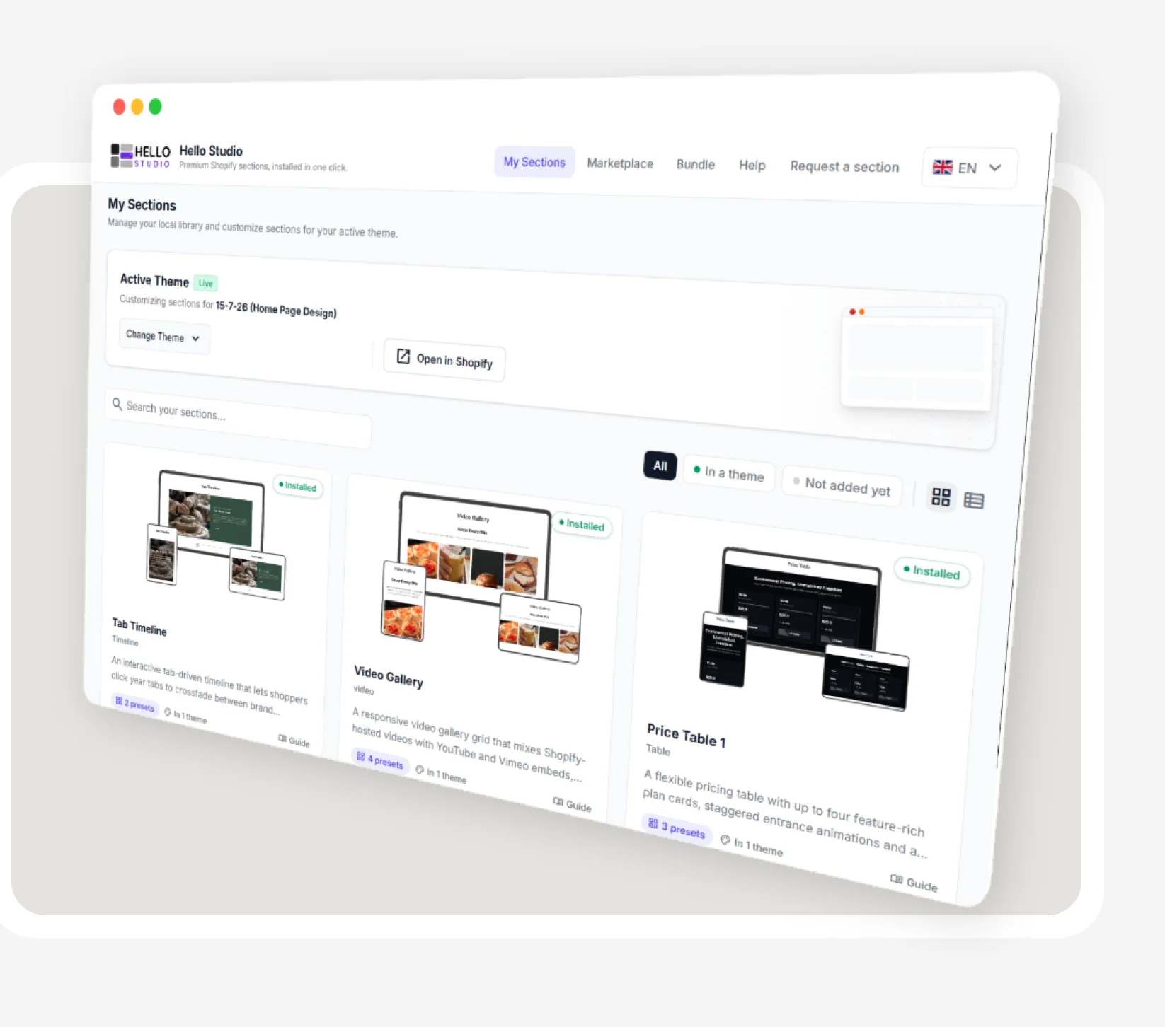 Hello Studio's My Sections screen in a browser: the active theme, Change Theme and Open in Shopify, a section search with filters, and Tab Timeline, Video Gallery and Price Table cards marked Installed