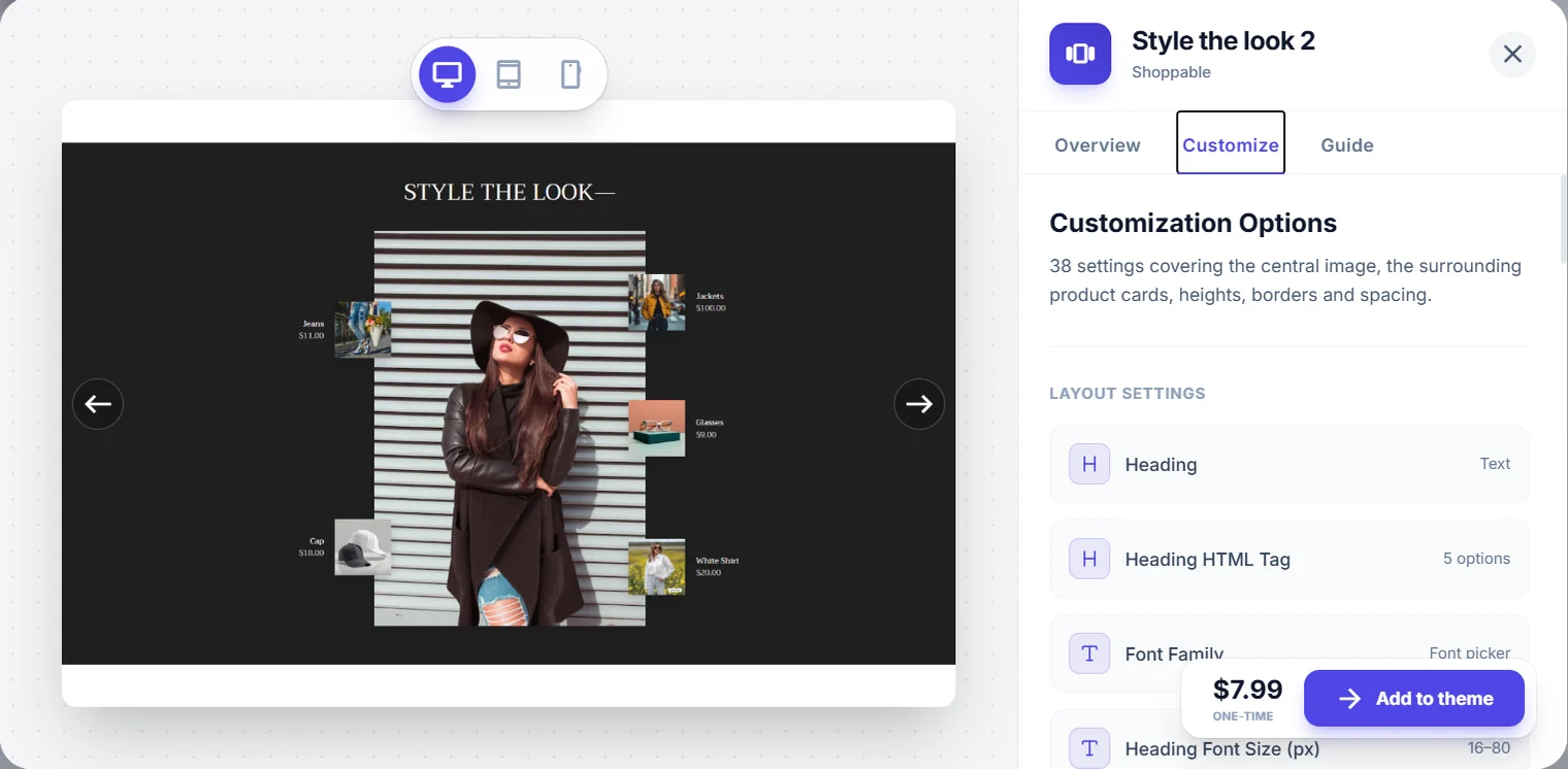 The section panel for Style the look 2 on its Customize tab: a dark lookbook preview beside the customisation options — heading, heading HTML tag, font family and heading font size.