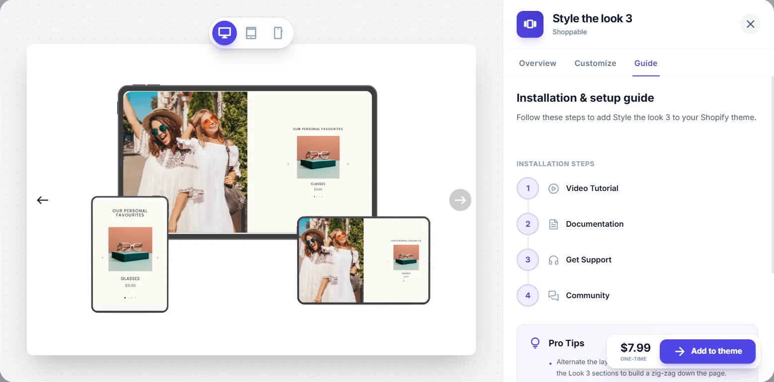 The section panel for Style the look 3 on its Guide tab: installation and setup steps — video tutorial, documentation, get support and community — with a pro tip and Add to theme.