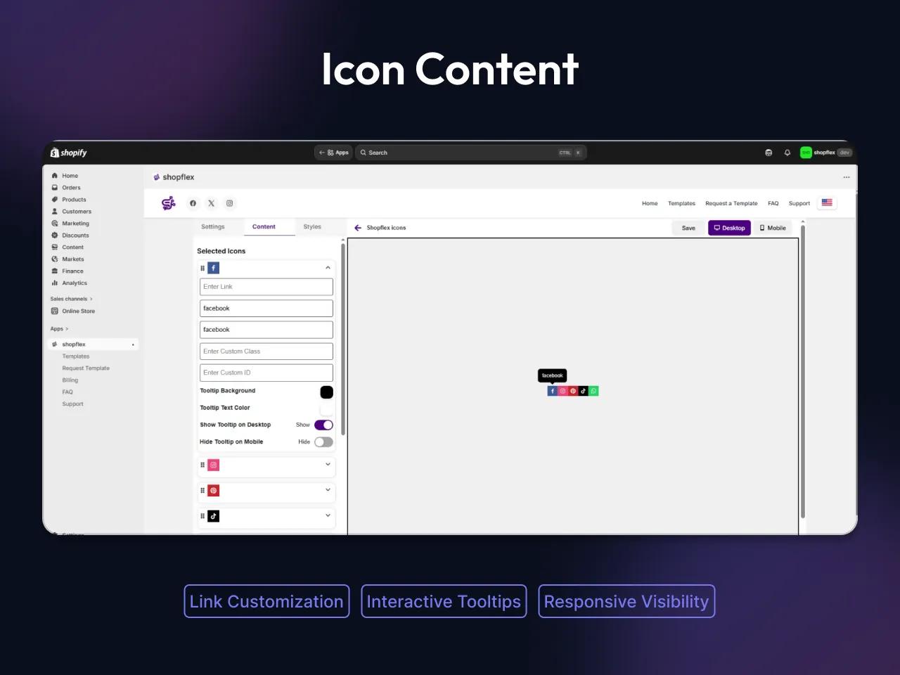 ShopFlex icon content editor: a Facebook icon's link, label, custom class and ID fields and tooltip colours, with the live preview showing a row of social icons and a Facebook tooltip.