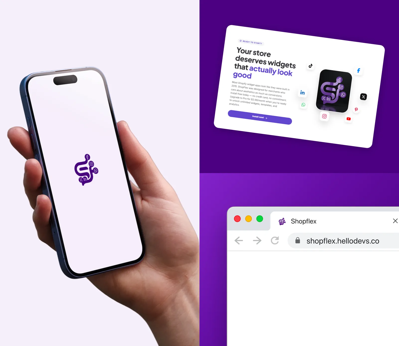ShopFlex brand on devices: a phone showing the ShopFlex logo, the landing page's 'Your store deserves widgets that actually look good' call to action, and a browser tab with the ShopFlex favicon.