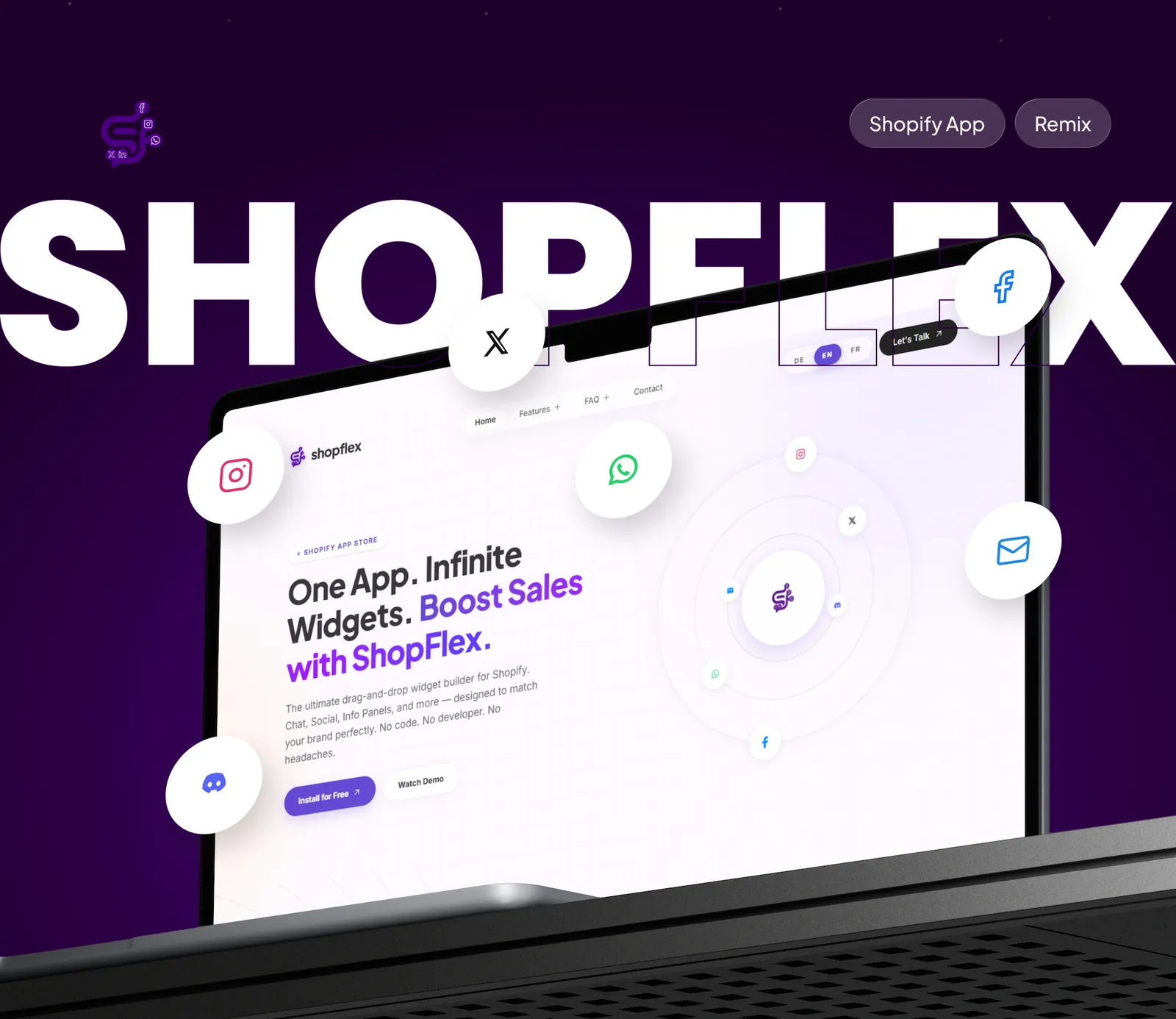 ShopFlex case study cover: the ShopFlex wordmark over a laptop showing the ShopFlex landing page, with social icons — X, Instagram, WhatsApp, Facebook, email and Discord — floating around it, tagged Shopify App and Remix.