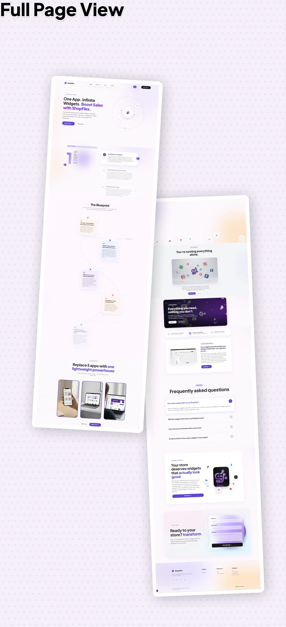 The full ShopFlex landing page design: hero 'One App. Infinite Widgets. Boost Sales with ShopFlex.', a three-step how-it-works, The Blueprint, 'Replace 5 apps with one lightweight powerhouse', feature panels, frequently asked questions, a call to action and a contact form.