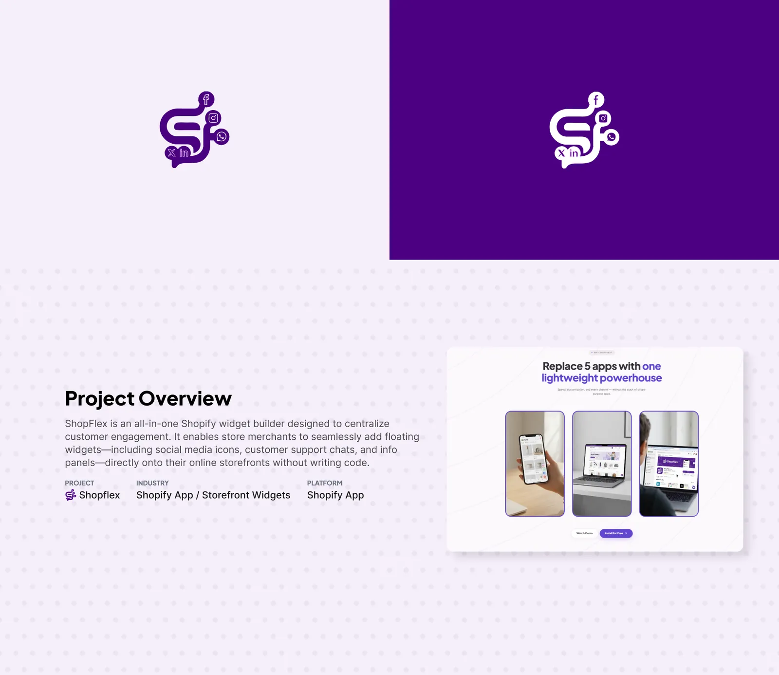 The ShopFlex logo — a purple S with social icons — on lavender and on deep purple, above a project overview card and the landing page's 'Replace 5 apps with one lightweight powerhouse' section.