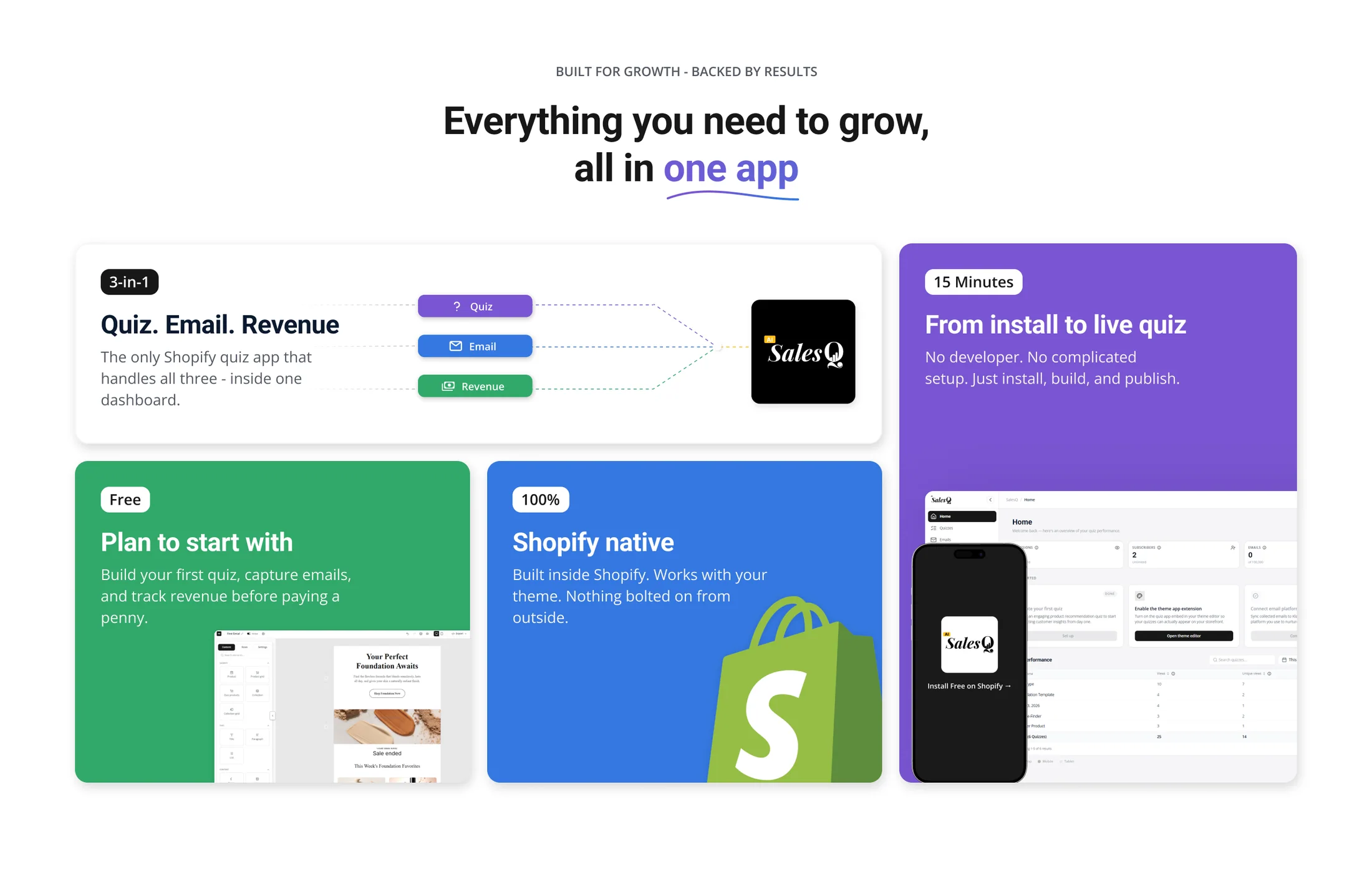 The website’s “Everything you need to grow, all in one app” feature grid.