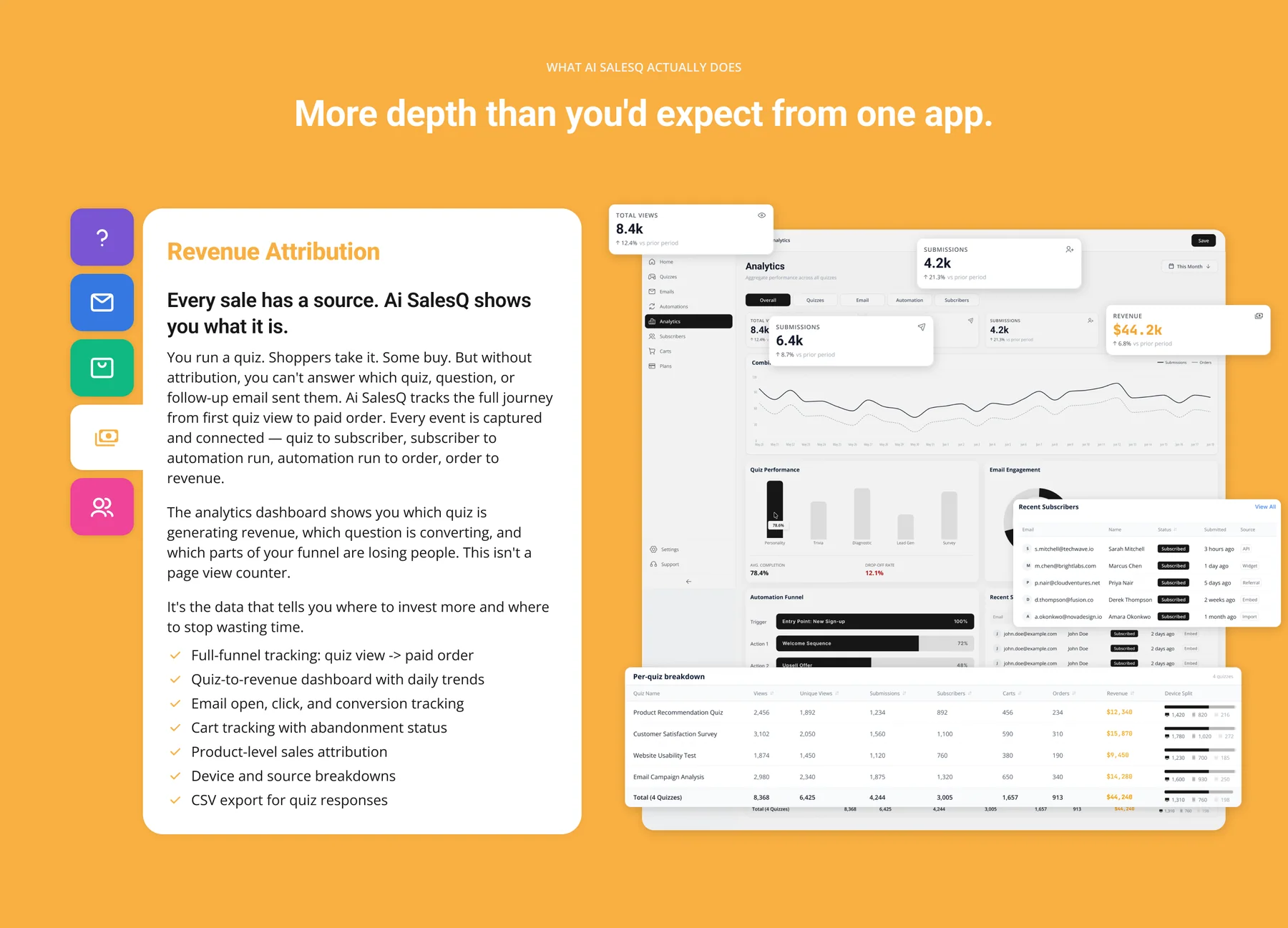 “More depth than you’d expect from one app.”: the same section in purple, blue, green and orange.