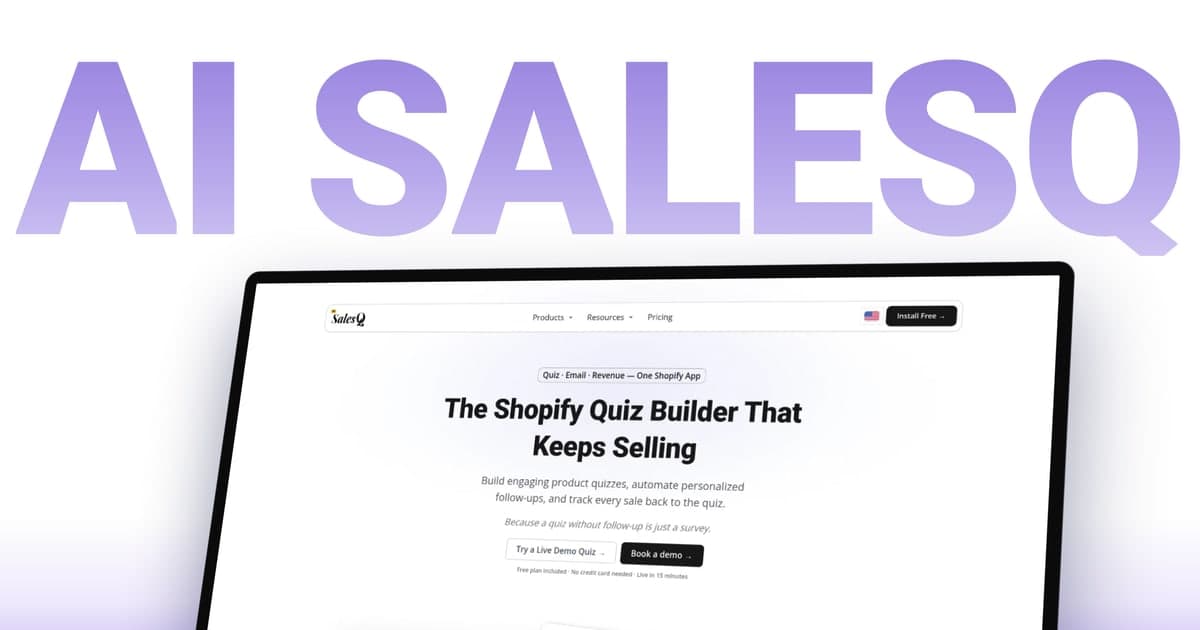 The AiSalesQ website on a tilted monitor under the giant AI SALESQ wordmark.