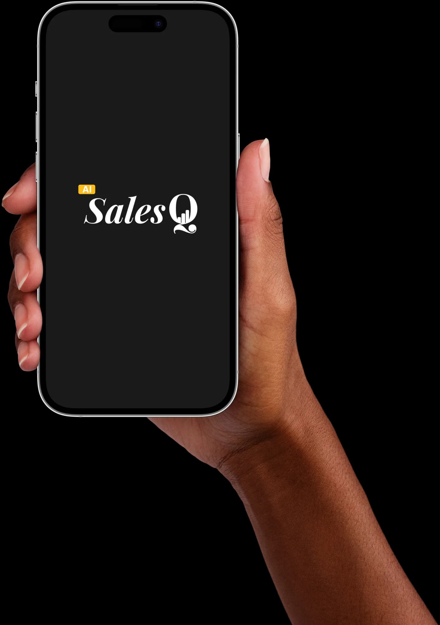 A hand holding a phone showing the AiSalesQ logo.