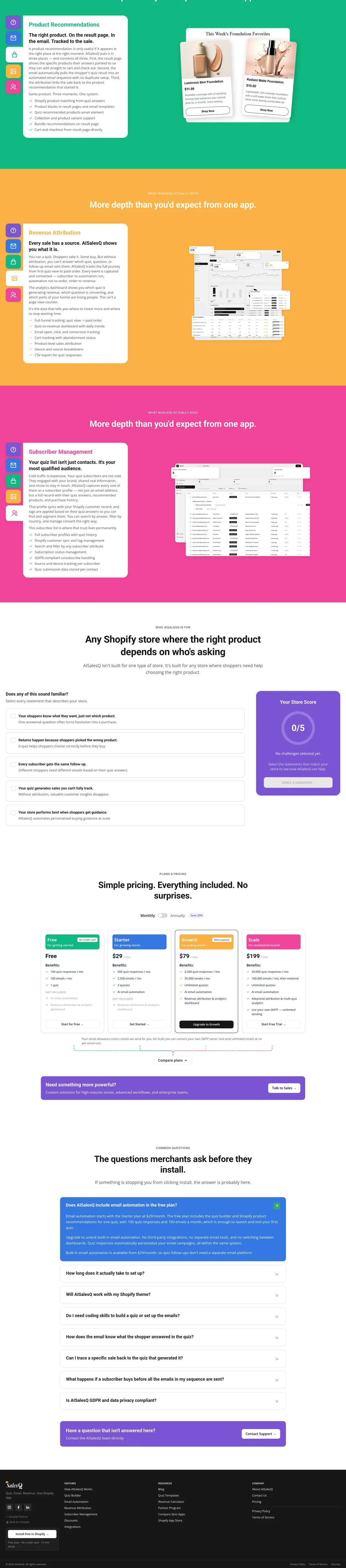 The second half of the AiSalesQ home page: product depth, quiz templates, pricing, FAQ and footer.