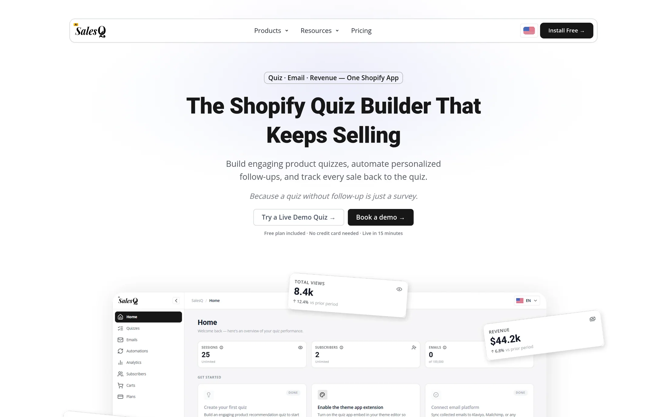 The AiSalesQ website home page: “The Shopify Quiz Builder That Keeps Selling”.