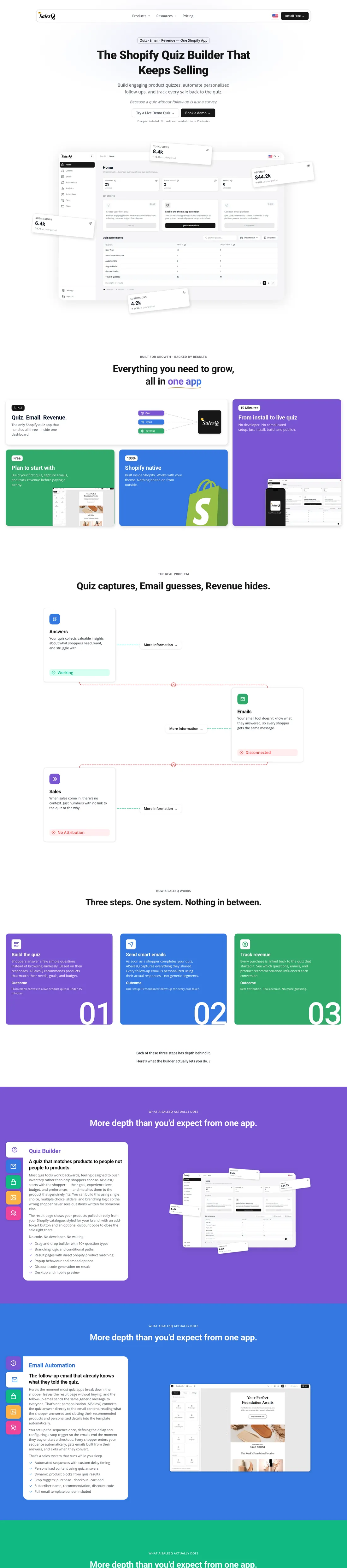 The first half of the AiSalesQ home page: hero, feature grid, problem, three steps and product depth.