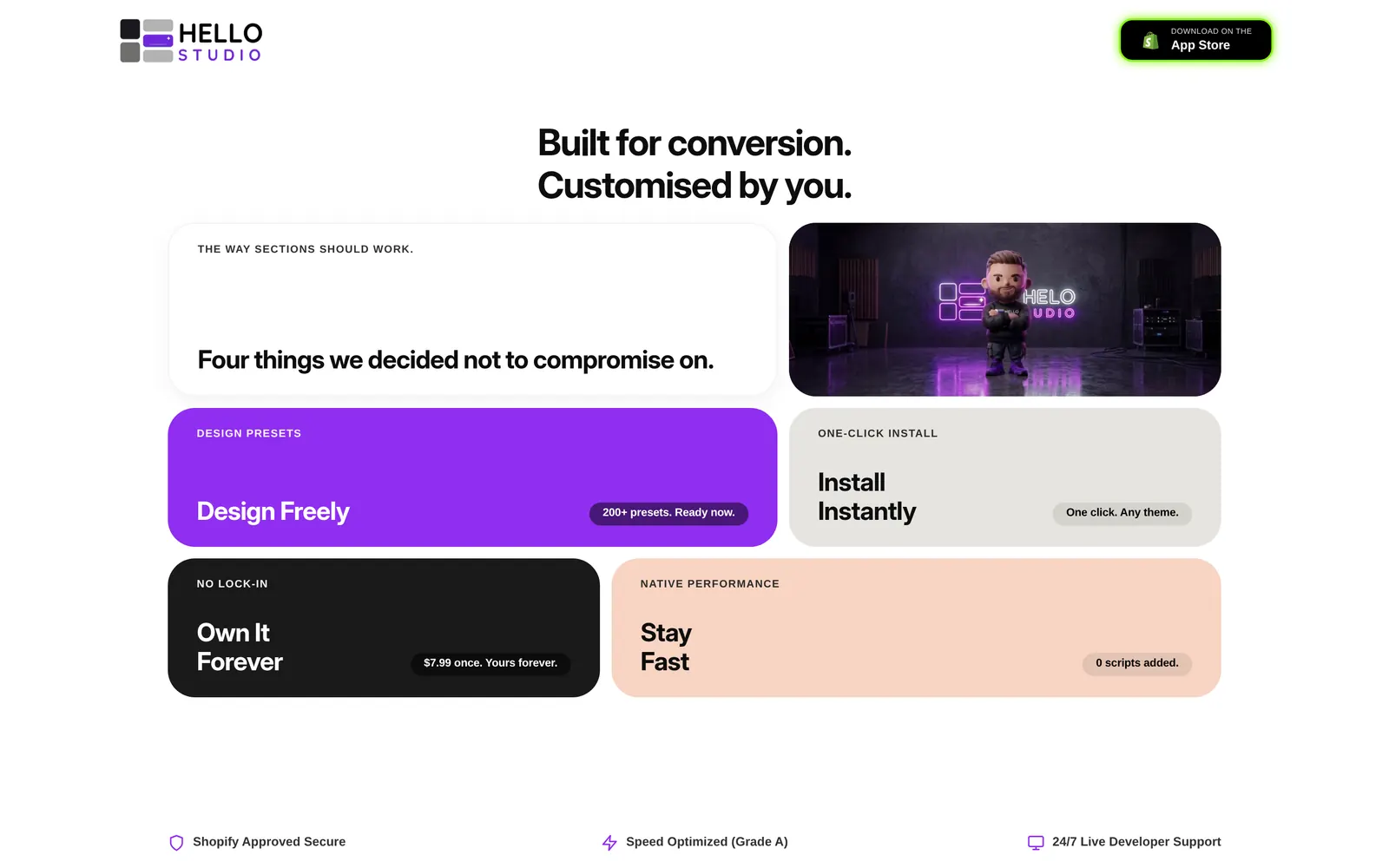 The four promises as a bento grid on hellostudio.store: Design Freely in violet, Install Instantly in stone, Own It Forever in black and Stay Fast in peach.