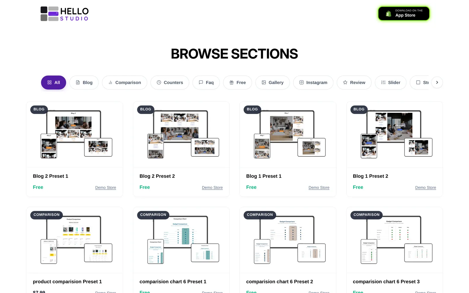 Browse before you install: a close-up of the live hellostudio.store page.