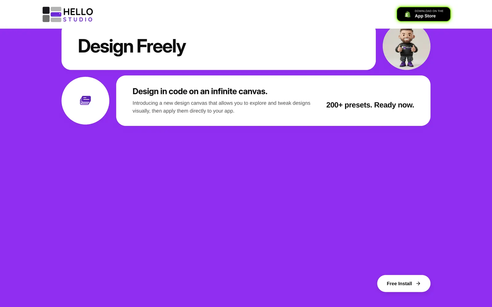 Design Freely — the full-screen panel the design presets card opens into.