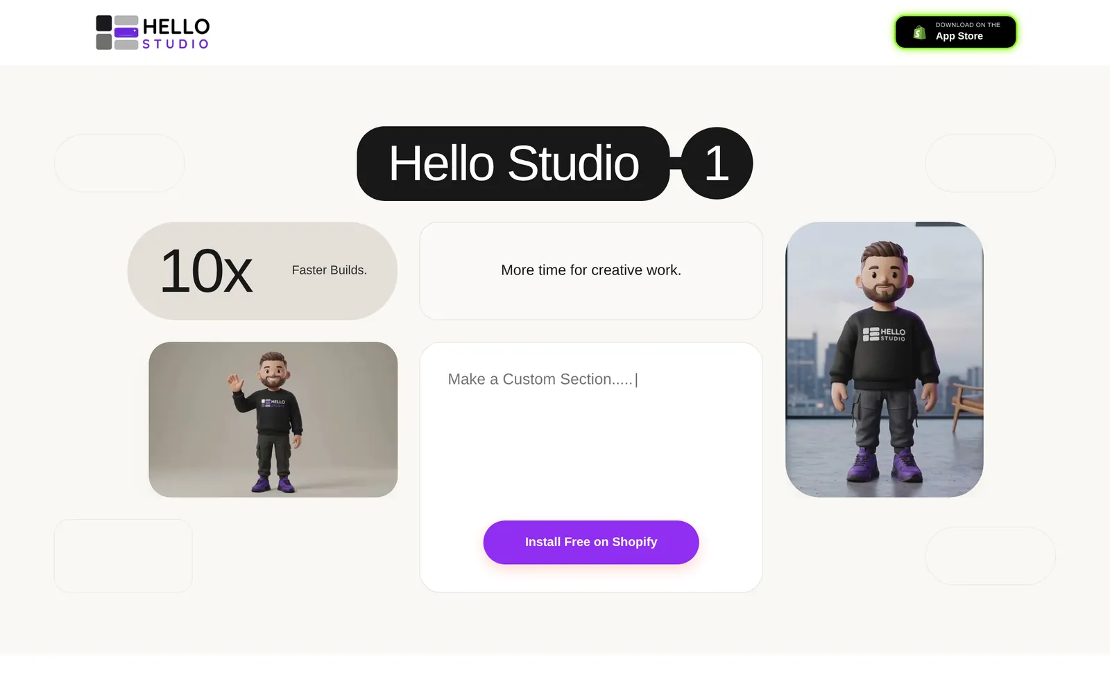 The live hellostudio.store home page on desktop: the Hello Studio pill, a 10x Faster Builds tile, a Make a Custom Section prompt with Install Free on Shopify, and the 3D mascot.