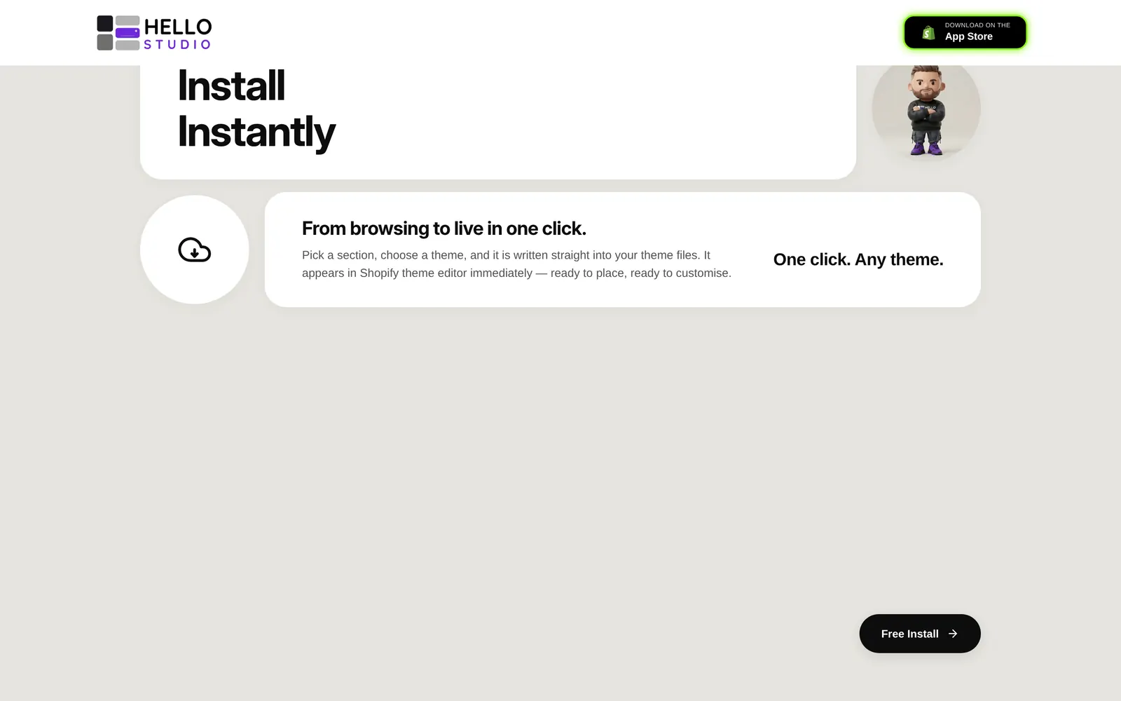 Install Instantly — the full-screen panel the one-click install card opens into.