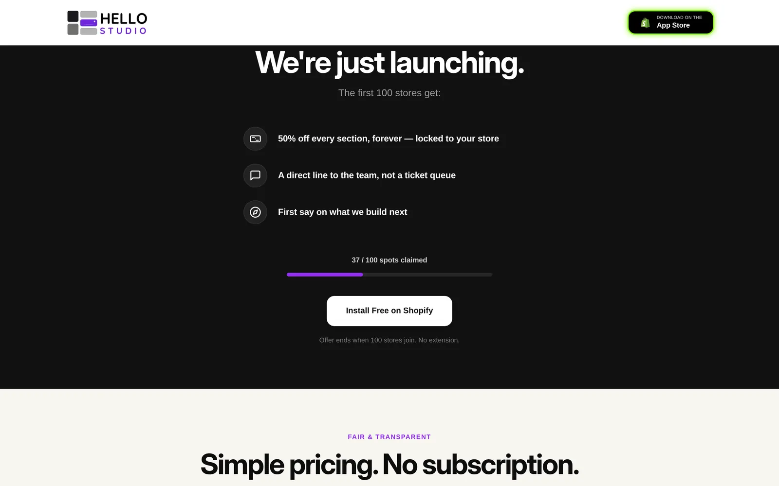 A launch offer, built as a section: a close-up of the live hellostudio.store page.