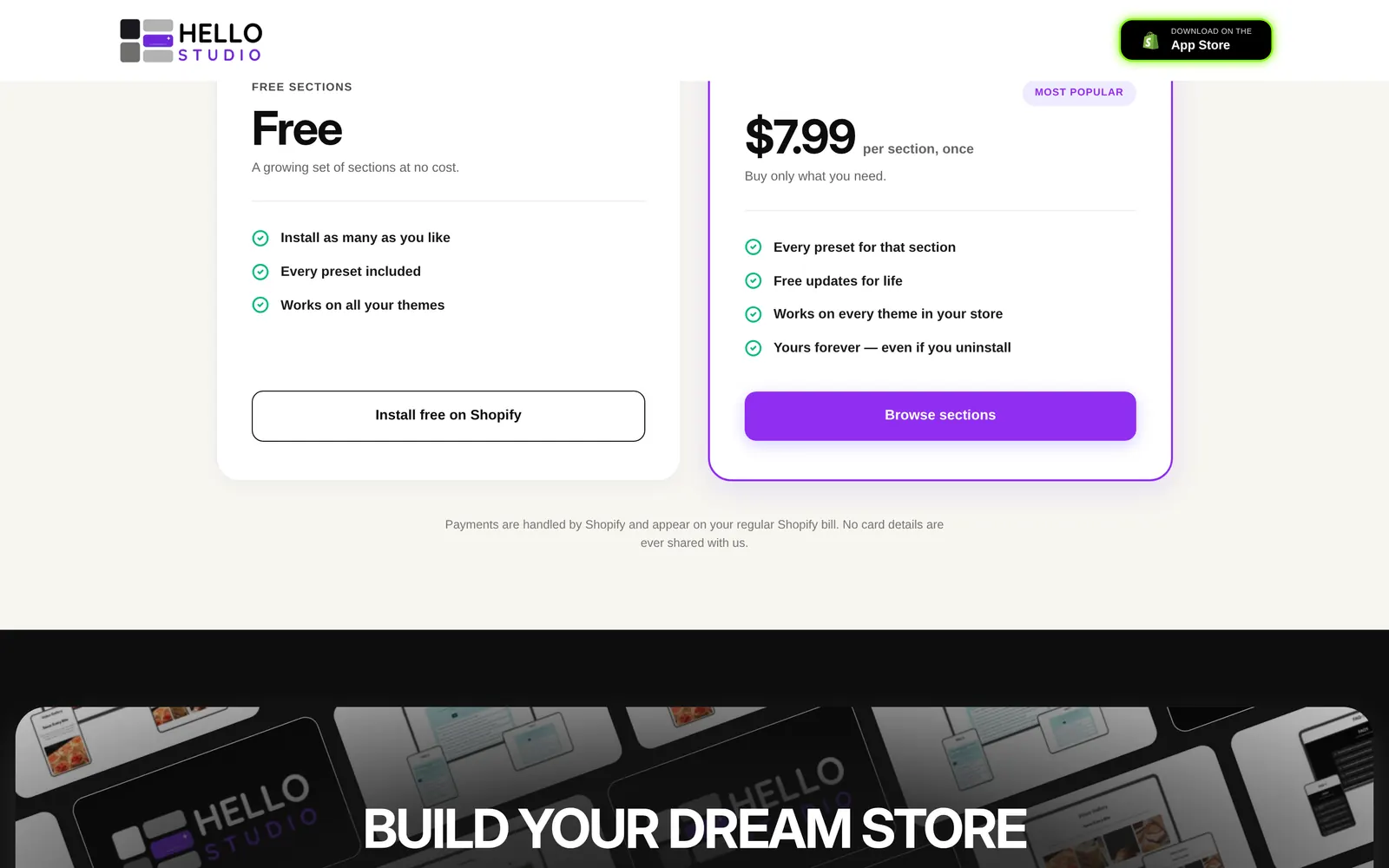 Pricing without small print: a close-up of the live hellostudio.store page.
