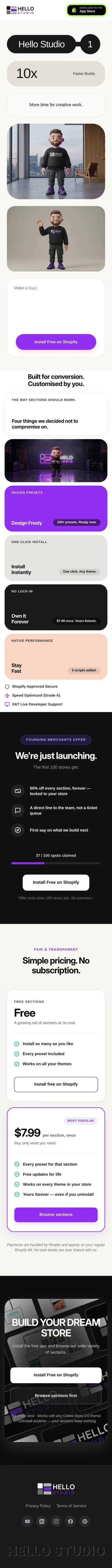 The full hellostudio.store home page on a phone, from the hero through the four promises, the founding-merchants offer, pricing and the final call to action.