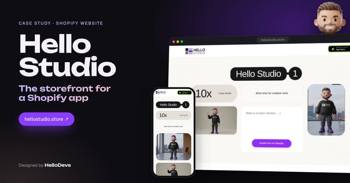 The Hello Studio website on desktop and phone, with the brand's 3D mascot.